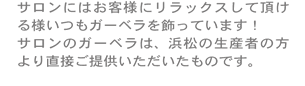 ナチュラリーのサロンにはお客様にリラックスして頂ける様いつもガーベラを飾っています！